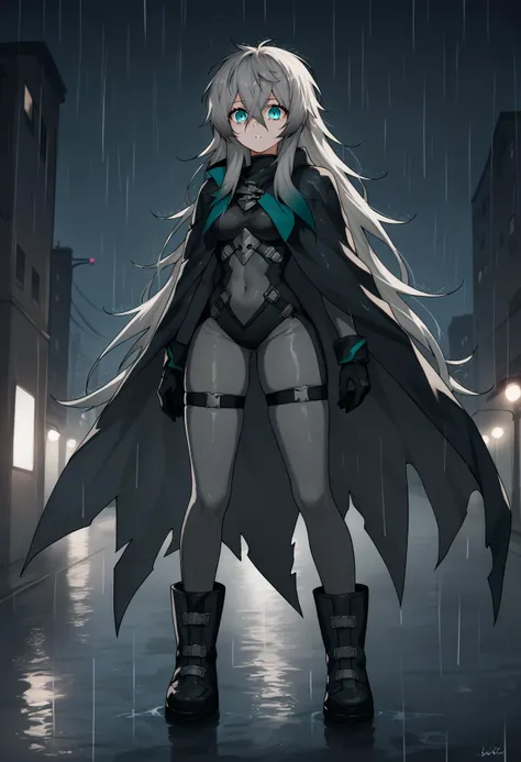 score_9, score_8_up, score_7_up, score_6_up, source_anime, BREAK 1girl, solo, standing, <lora:KatjaPDXL-10:1> katja, very long hair, grey hair, messy hair, hair between eyes, aqua eyes, black bodysuit, grey bodysuit, gloves, cape, medium breasts, parted lips, full body, combat boots, outdoors, dark, darkness, night, night sky, rain, raining, thigh strap,