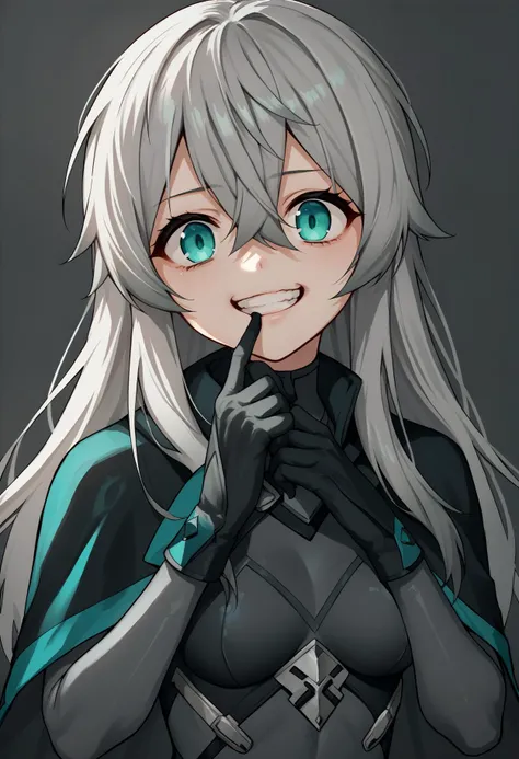 score_9, score_8_up, score_7_up, score_6_up, source_anime, BREAK 1girl, solo, standing, <lora:KatjaPDXL:1> katja, long hair, grey hair, hair between eyes, aqua eyes, black bodysuit, grey bodysuit, gloves, cape, medium breasts, forced smile, close-up, looking at viewer, fingers to cheeks, mouth pull, hands up, teeth
