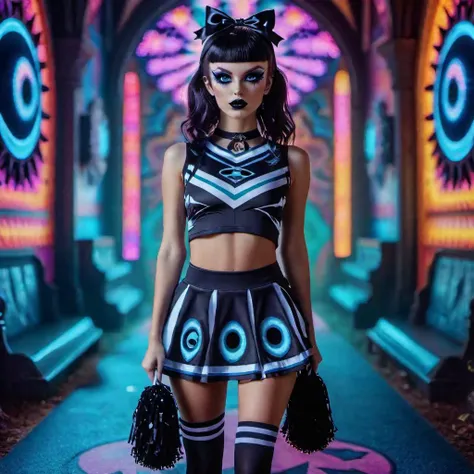 <lora:add-detail-xl:0.8> Shot on canon eos 5D, full body shot ,beautiful gothic woman posing in gothic cheerleader uniform summer vibes, maxim( psychedelic lsd trip background 1.4), bright coloured fractals (Larry Carlson 1.3), , cinematic quality, cinematic lighting, voodoo, sinister,128k, hyper realistic, pastel colour palette,(mark ryden 1.3) <lora:bigeyes-xl-v1:0.8> big eyes, anime eyes   <lora:Dark_Futuristic_Circuit_Boards:0.8>  circuitboard, dark futuristic <lora:Larry Carlson Style:0.8> Larry Carlson Style page <lora:Dolls_Kill_Cheerleader_SDXL:0.8> dollskill, cheerleader, ghosts