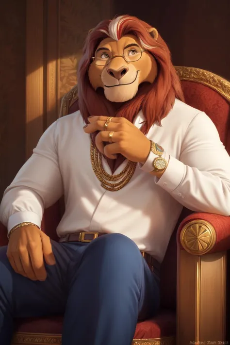 <lora:mufasa-08:1>, mufasa, (pose:1.3), (posing:1.3), (soft shading), 4k, hi res, five fingers, detailed hands, ((detailed face, (detailed eyes:1.0), detailed)), by zackarry911, by zaush, (by personalami:0.5), looking at viewer, smile, shirt, long sleeves, 1boy, jewelry, sitting, closed mouth, jacket, white shirt, white hair, male focus, multicolored hair, glasses, collared shirt, pants, sash, chair, formal, ring, crossed legs, own hands together, suit, watch, wristwatch, armchair