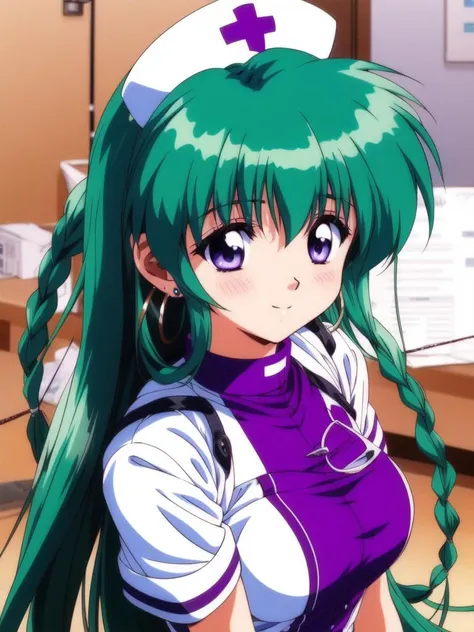 <lora:swatty:0.8>, ãswatty, 1girl, soro, long_hair, blue_eyes, green_hair, floating_hair, hair_rings, earrings, jewelry, braid, purple_eyes, medium_breasts, cleavage, cowboy Shot, smile, blush,
nurse, nurse cap, red cross, hospital,
masterpiece, high quality, very_high_resolution, large_filesize, full color, 1990s \(style\), anime, anime_screencap, animated gif, mp4 ,video, animated,