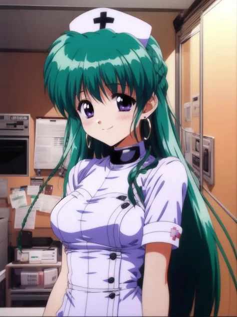 <lora:swatty:0.8>, ãswatty, 1girl, soro, long_hair, blue_eyes, green_hair, floating_hair, hair_rings, earrings,  jewelry,  braid, purple_eyes, medium_breasts,  cleavage, cowboy Shot, smile, blush,
nurse, nurse cap, red cross, hospital,
masterpiece, high quality, very_high_resolution, large_filesize, full color, 1990s \(style\), anime, anime_screencap, animated gif, mp4 ,video, animated,