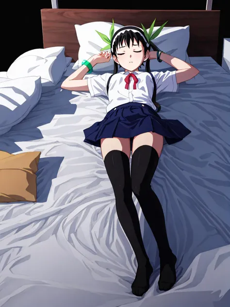 a 1girl, mayoi_hachikuji, twintails, red_eyes, white_hairband, green_ribbon, bracelet, black thighhighs, without shoes, full body, (lying, sleeping:1.1), realistic eyes, bed,
ultra detailed anime art, 3d model, doll, perfect composition, concept art, 8k, studio photo, ethereal colors background, volumetric lighting,