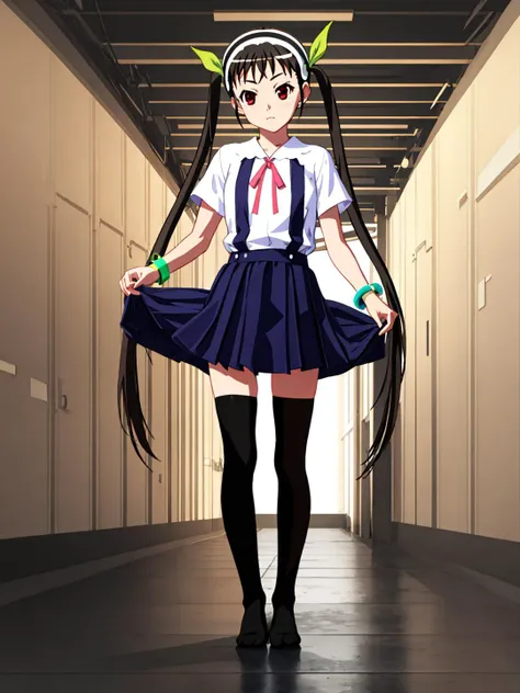 a 1girl, mayoi_hachikuji, twintails, red_eyes, white_hairband, green_ribbon, bracelet, black thighhighs, without shoes, full body, realistic eyes,
ultra detailed anime art, 3d model, doll, perfect composition, concept art, 8k, studio photo, ethereal colors background, volumetric lighting,