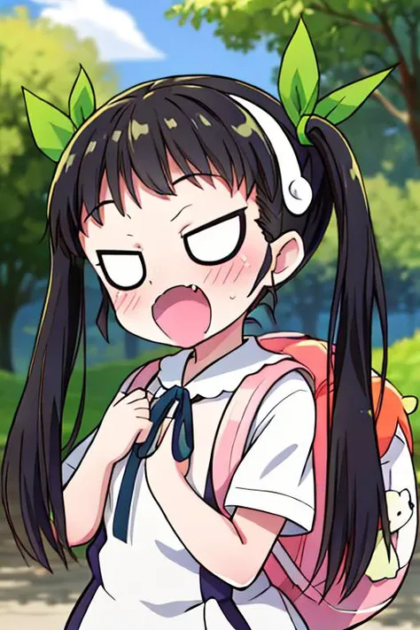 masterpiece, best quality,ultra detail, <lora:anmnr01:0.3> <lora:add_detail:0.5>,<lora:GoodHands-vanilla:0.8>,mayoi_hachikuji <lora:hachikuji-v3:0.8>,outdoor,petite,chibi,backpack,green_ribbon,hachipack,(fang), <lora:largecirclemouth_v100:1.2> <lora:hotarueye_whiteeye4_v100:1>facing viewer,close up