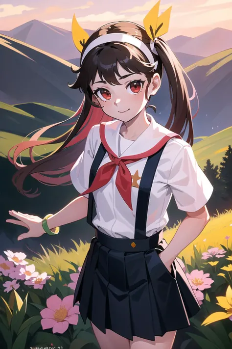 1girl, solo, female, (mayoi_hachikuji), twintails, (red_eyes), flat_chest
white_hairband, bracelet, green, ribbon, school_uniform, skirt, white_shirt, suspender_skirt, (randoseru), standing,
hdri, 4k, masterpiece, realistic, photorealistic:1.3
sunset, nature, mountains, clouds, grass, flowers, fireflies, looking at viewer <lora:hachikuji-3epoch-v1:0.6>