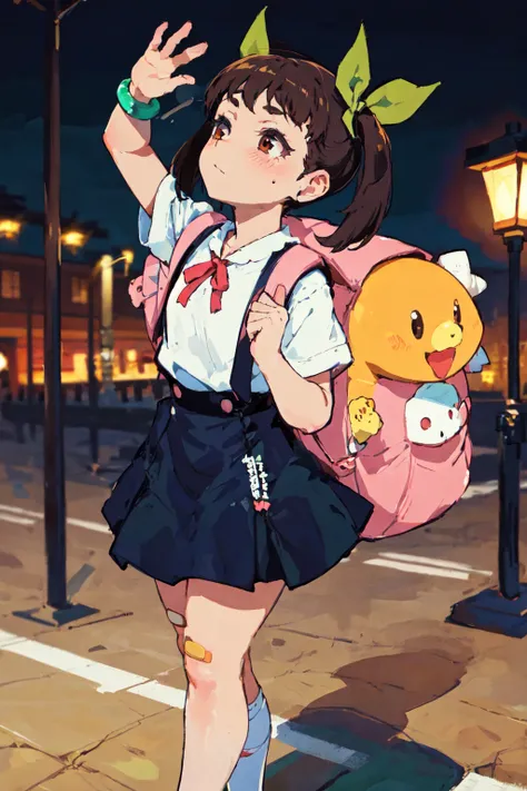 <lora:mayoiHachikuji_hachikujiV3Pruned:1>, Natural Volumetric Lighting And Best Shadows, Deep Depth Of Field, Sharp Focus, Dark Parking Lot Night, Standing Under One Lonely Lamp, Looking Up, Portrait Of Stunningly Beautiful Petite Girl, Pink Big Backpack, Hands Holding Backpack Strap, Green Bracelet, White Shirt, Short Sleeves, Neck Ribbon, Suspender Skirt, Bandaid On Knee, White Socks, Hands Up And Waving Hand, Soft Delicate Beautiful Attractive Face With Alluring Red-Brown Eyes, Lovely Small Flat Breasts, Expressionless With Closed Mouth, Thick Layered Medium Twintail Brown Hair, White Hairband, Green Hair Ribbon Bows, Blush Eyeshadow With Thick Eyelashes, (Highest Quality, Amazing Details:1.4), Masterpiece, Bloom, Picturesque, Brilliant Colorful Paintings