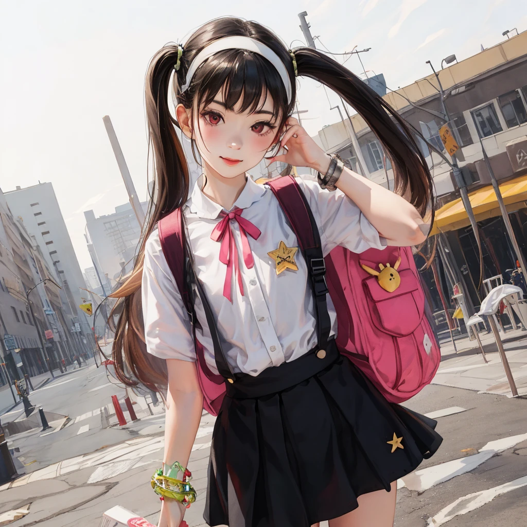 1girl, best quality, best shadow, pretty lady, cowboy shot:1, blurry background, long hair, (8k, RAW photo, highest quality, masterpiece), High detail RAW color photo, (realism), (colorful), soft lighting, mayoi hachikuji, hairband, suspender, long hair, ribbon ,hair ribbon, green ribbon, backpack, pink backpack, suspender skirt, red eyes, star, bandaid on knee, hachipack, star, badge, bandaid on leg, twintails, bracelet, (blackskirt:1.2), bag,, (smile:0.6, flat chest, small body:0.7), <lora:mayoiHachikuji_hachikujiV3Pruned:0.8>