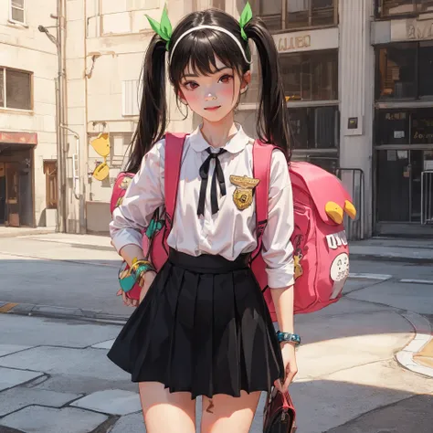 1girl, best quality, best shadow, pretty lady, cowboy shot:1, blurry background, long hair, (8k, RAW photo, highest quality, masterpiece), High detail RAW color photo, (realism), (colorful), soft lighting, mayoi hachikuji, hairband, suspender, long hair, ribbon ,hair ribbon, green ribbon, backpack, pink backpack, suspender skirt, red eyes, star, bandaid on knee, hachipack, star, badge, bandaid on leg, twintails, bracelet, (blackskirt:1.2), bag,, (smile:0.6, flat chest, small body:0.7), <lora:mayoiHachikuji_hachikujiV3Pruned:0.8>