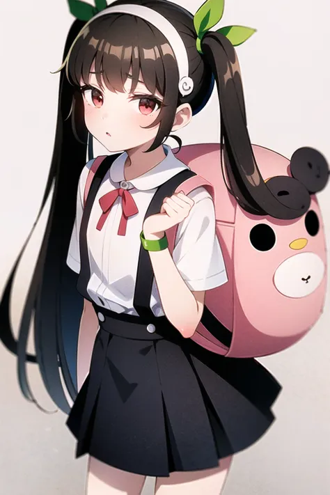 1girl, solo, female, (mayoi_hachikuji) <lora:hachikuji-v3-pruned:0.6>, twintails, (red_eyes), flat_chest, standing, from_behind, long_hair, looking_back,
green_ribbon, white_hairband, bracelet, school_uniform, white_shirt, black_skirt, suspender_skirt, badge, star, (hachipack), animal_bag, backpack, bag, bandaid_on_leg, bandaid_on_knee, white_socks, bag_charm,
simple_background,