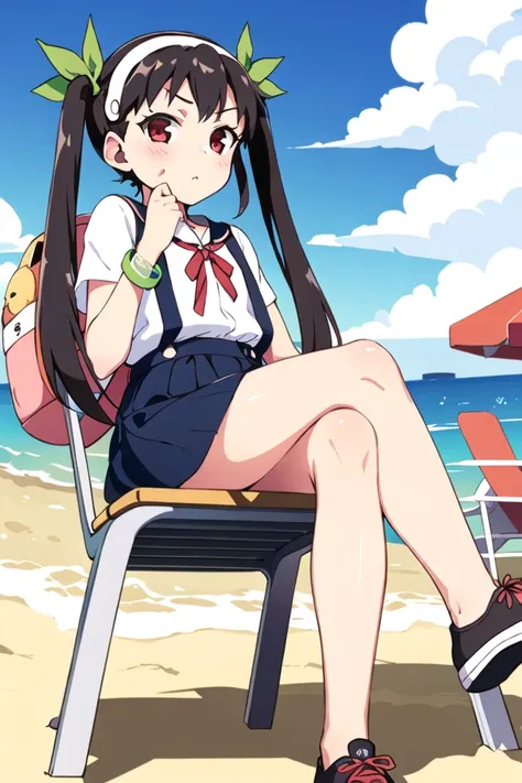 1girl,on chair, crossed legs, from below, beach chair,
mayoi_hachikuji, twintails, red_eyes, white_hairband, green_ribbon, bracelet, backpack, hachipack, 
<lora:化物语_八九寺真宵_lorai_V3Pruned:0.8>