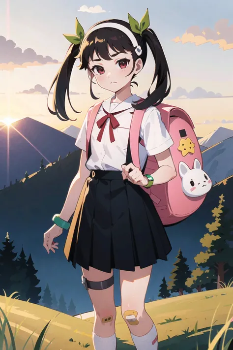 1girl, solo, female, (mayoi_hachikuji) <lora:hachikuji-v3-pruned:0.6>, twintails, (red_eyes), flat_chest, standing, looking at viewer, full_body, long_hair,
green_ribbon, white_hairband, bracelet, school_uniform, white_shirt, black_skirt, suspender_skirt, badge, star, (hachipack), animal_bag, backpack, bag, bandaid_on_leg, bandaid_on_knee, white_socks,
sunset, nature, mountains, clouds, grass, flowers, trees, background,