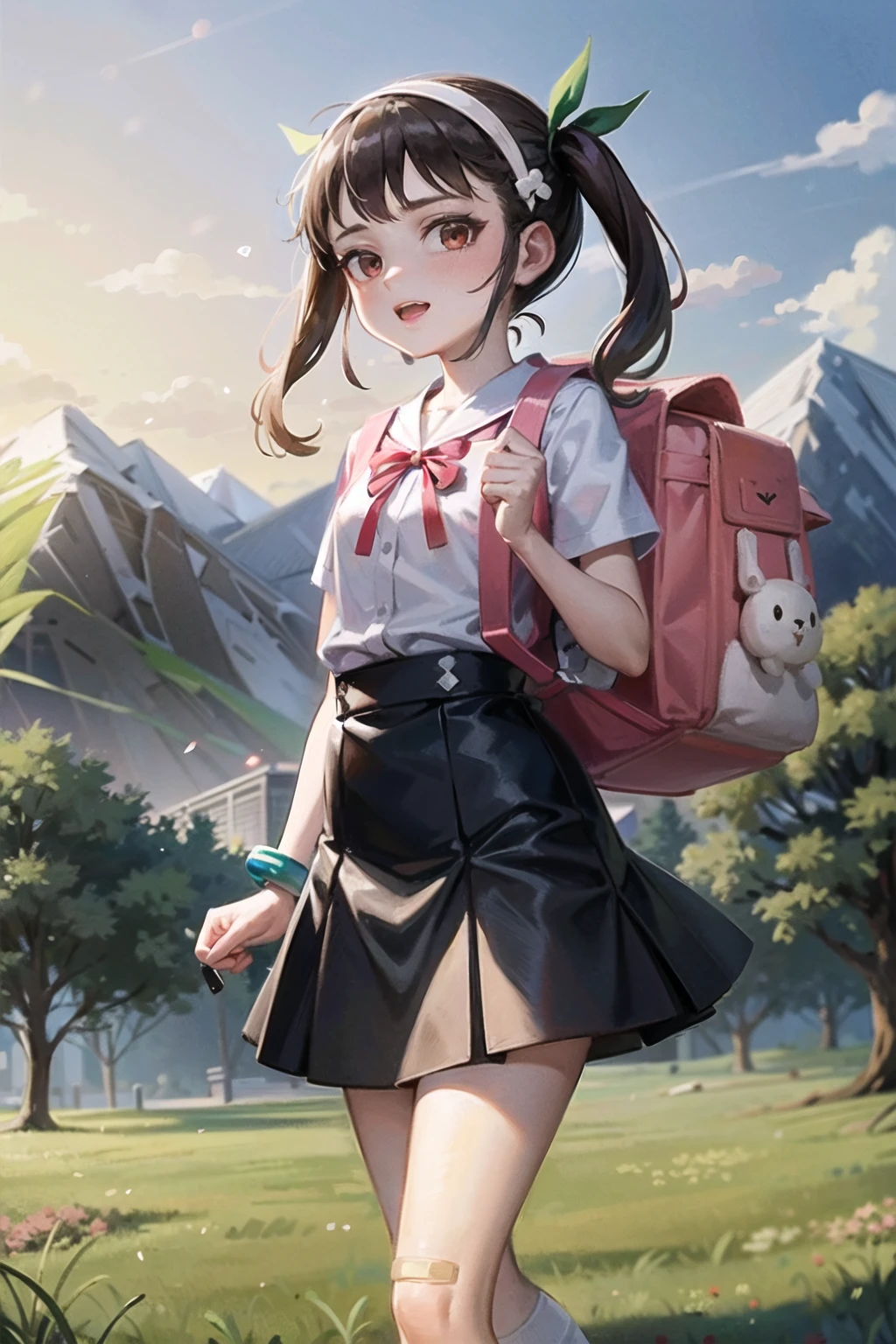 1girl, solo, female, (mayoi_hachikuji) <lora:hachikuji-v3-pruned:0.6>, twintails, (red_eyes), flat_chest, standing, looking at viewer, full_body, long_hair,
green_ribbon, white_hairband, bracelet, school_uniform, white_shirt, black_skirt, suspender_skirt, badge, star, (hachipack), animal_bag, backpack, bag, bandaid_on_leg, bandaid_on_knee, white_socks, bag_charm,
sunset, nature, mountains, clouds, grass, flowers, trees, background,