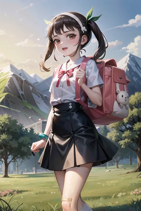 1girl, solo, female, (mayoi_hachikuji) <lora:hachikuji-v3-pruned:0.6>, twintails, (red_eyes), flat_chest, standing, looking at viewer, full_body, long_hair,
green_ribbon, white_hairband, bracelet, school_uniform, white_shirt, black_skirt, suspender_skirt, badge, star, (hachipack), animal_bag, backpack, bag, bandaid_on_leg, bandaid_on_knee, white_socks, bag_charm,
sunset, nature, mountains, clouds, grass, flowers, trees, background,