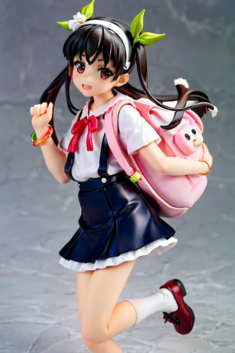 1girl, solo, female, (mayoi_hachikuji) <lora:hachikuji-v3-pruned:0.6>, twintails, (red_eyes), flat_chest, standing, looking at viewer, full_body, long_hair,
green_ribbon, white_hairband, bracelet, school_uniform, white_shirt, black_skirt, suspender_skirt, badge, star, (hachipack), animal_bag, backpack, bag, bandaid_on_leg, bandaid_on_knee, white_socks, bag_charm,
simple_background, <lora:(figma) figmaAnimeFigures_figma:0.6>, figure, pvc,