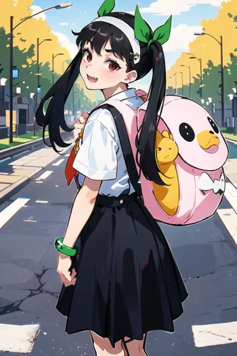 1girl, solo, female, (mayoi_hachikuji) <lora:hachikuji-v3-pruned:0.7>, flat_chest, hair_ornament, twintails, (red_eyes), long_hair, standing, looking_back, pov, lips, fangs,
green_ribbon, white_hairband, bracelet, school_uniform, white_shirt, black_skirt, suspender_skirt, badge, star, bandaid_on_knee, white_socks, (hachipack), animal_bag, backpack, bag, bag_charm,