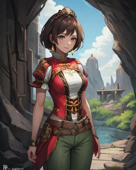 best quality, (masterpiece:1.2), illustration, absurdres,
(1girl, solo), (beautiful detailed girl),
<lora:SunShangXiangDW8-09:0.9>, Sun Shang Xiang, brown hair, green eyes, medium breasts,
red headdress, jewelry, yellow earrings, red dress, short sleeves, belt, white and brown pants, brown boots,
looking at viewer, happy,
(inside a mysterious mystical cave with colorful plants), (fantasy:1.2), (floating dust particles) (stalagmites and rock formations), sky and clouds visible from hole in roof, godrays, raytracing,
(standing:1.2), (cowboy shot),