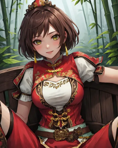 best quality, (masterpiece:1.2), illustration, absurdres,
(1girl, solo), (beautiful detailed girl),
<lora:SunShangXiangDW8-09:0.9>, Sun Shang Xiang, brown hair, green eyes, medium breasts,
red headdress, jewelry, yellow earrings, red dress, short sleeves, belt, white and brown pants, brown boots,
looking at viewer, happy,
in bamboo forest, chinese architecture, stream,,
(spread legs,:1.2), (upper body, portrait),