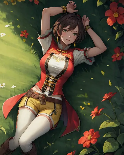 best quality, (masterpiece:1.2), illustration, absurdres,
(1girl, solo), (beautiful detailed girl),
<lora:SunShangXiangDW8-09:0.9>, Sun Shang Xiang, brown hair, green eyes, medium breasts,
red headdress, jewelry, yellow earrings, red dress, short sleeves, belt, white shorts, brown pants, brown boots,
looking at viewer, happy,
magical forest, flowers, fairy ring, glowing plants, ancient ruins, stone ruins, sky, clouds,
((lying)), from above