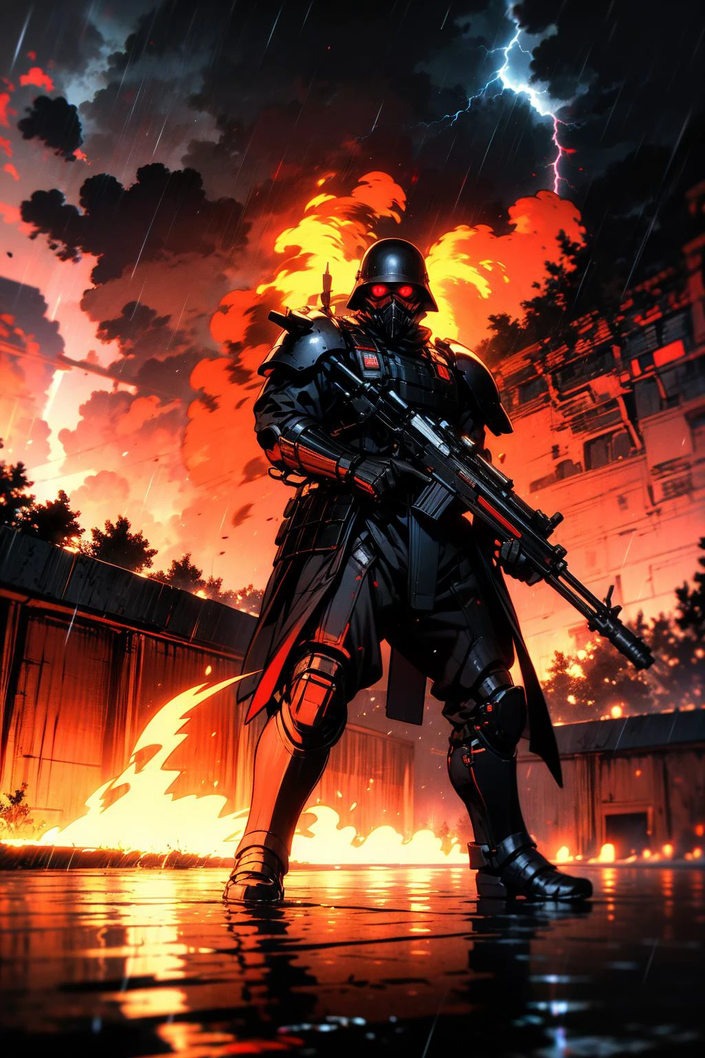 (masterpiece:1.1), (best quality:1.1), (vibrant colors:1.1), BREAK,
(red theme:1.1), (outdoors:1.0), (night:1.0), (ruins:1.0), (fire:1.2) (flames:1.2), (heavy rain:1.0), (storm clouds:1.0), (thunderstorm:1.1), (lightning:1.2), (wet ground:1.0), (reflections:1.0), <lora:architecture-v4:0.7>, BREAK,
(solo:1.0), (Panzercop:1.0), (Assault_Riffle:1.0), (Red_eyes:1.0), (glowing_eyes:1.0), (gas_mask:1.0), (Helmet:1.0), (dynamic pose:1.0), <lora:Panzercop:0.6> , BREAK,
(dystopia:1.0), (post apocalyptic:1.0), BREAK,