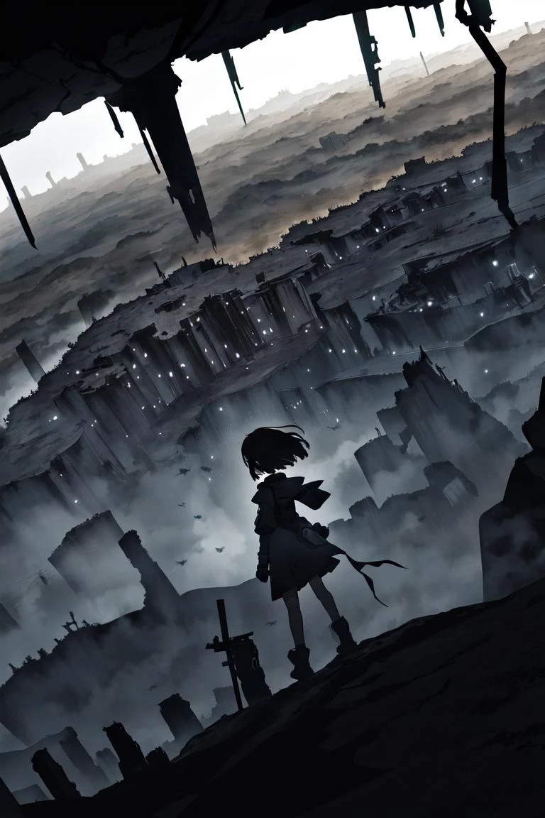 girl,solo,In a desolate, shadowy wasteland, a lone figure trudged through the ashen landscape, the air heavy with an ominous silence., scene view, dynamic angle, <lora:style-1-v4-200:0.6>