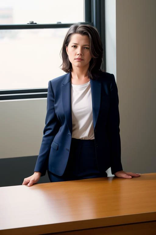((Best Quality, 8k, Masterpiece: 1.3)), Photorealistic, Sharp Focus, High Quality, High Definition, Portrait, Solo, Japan, Middle Aged Woman, Beauty, Clothes with Cleavage View, 43 years old, Plump, Wavy Hair, Business suit, Wrinkles at the corners of the eyes, Open legs, Narrow backyard, Lots of boxes, Lots of files, Dark background