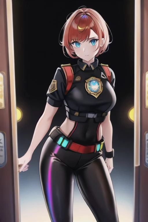 1girl, solo, masterpiece, best quality, red police uniform, black leggings, copper short hair, glow iridescent eyes, she is standing near next to a iridescent divine door gate, concrete wall in Dark alley with neon lights