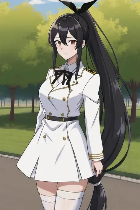 a woman in a uniform with long black hair standing in a park