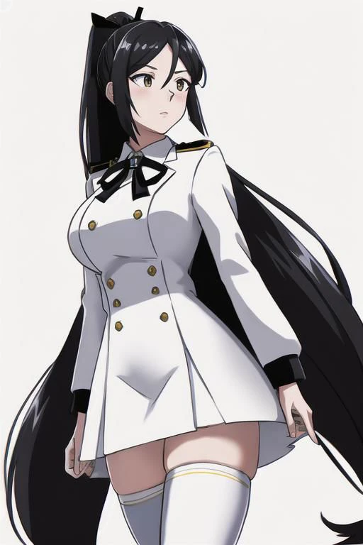 masterpiece, best quality, highres, aahouki, very long hair, black hair, high ponytail, split ponytail, hair ribbon, white ribbon, large breasts, school uniform, neck ribbon, white jacket, white dress, long sleeves, white thighhighs, standing, cowboy shot, outdoors,