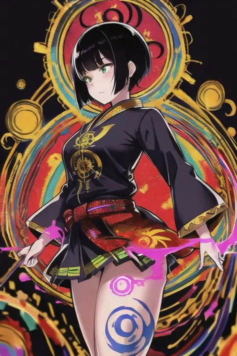 (Masterpiece:1.2), ((intricate details)), cover art, chaos, upper body, 1girl, japanese girl, short hair, black hair, bangs, hair on forehead, high quality, (red, blue, yellow, purple, green ink), ((front view)), face dripping, clothes dripping, ink dripping, (addnet weight 1:1.0), (double exposure), ink scenery