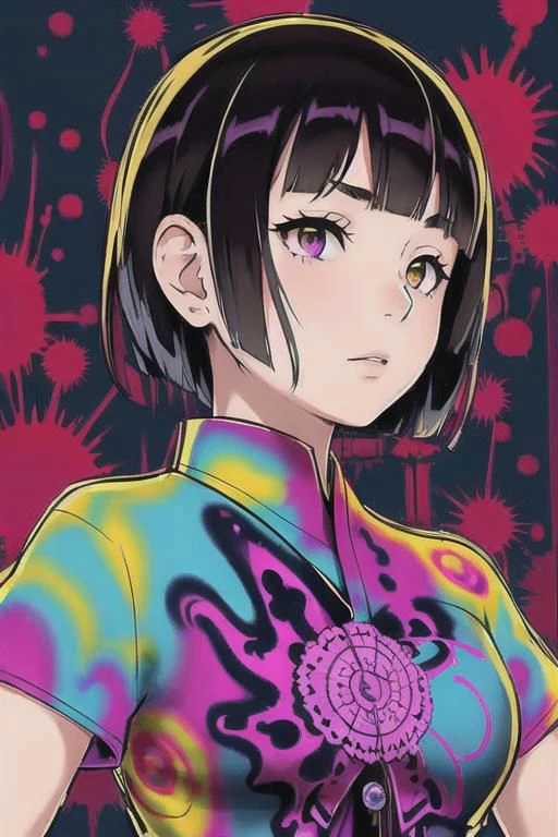 (Masterpiece:1.2), ((intricate details)), cover art, chaos, upper body, 1girl, japanese girl, short hair, black hair, bangs, hair on forehead, high quality, (red, blue, yellow, purple, green ink), ((front view)), face dripping, clothes dripping, ink dripping, (addnet weight 1:1.0), (double exposure), ink scenery