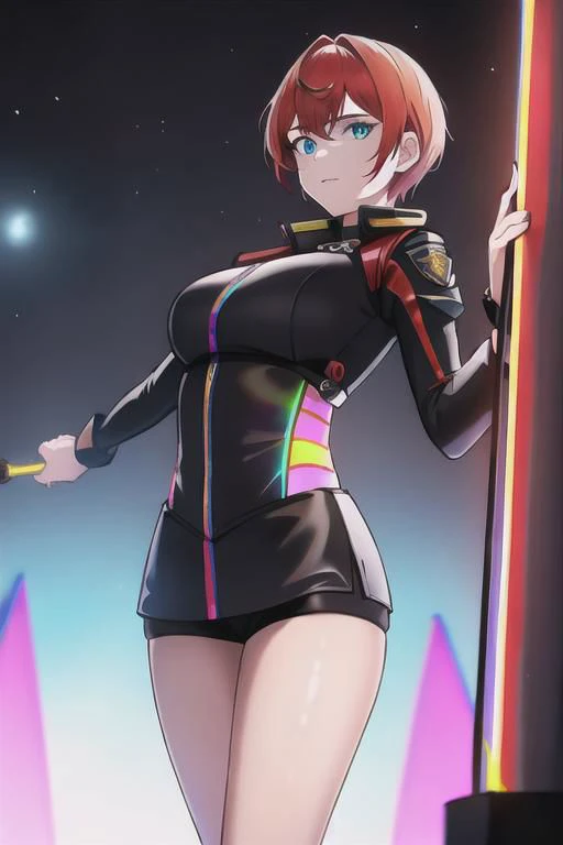 1girl, solo, masterpiece, best quality, red police uniform, black leggings, copper short hair, glow iridescent eyes, she is standing near next to a iridescent divine door gate, concrete wall in Dark alley with neon lights