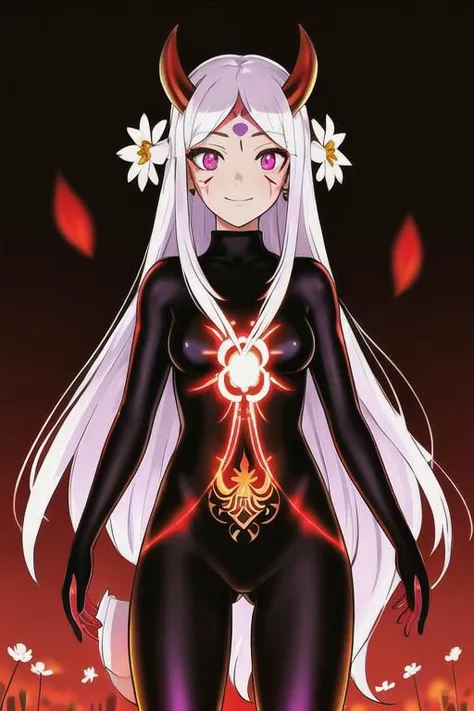 high quality. masterpiece, 8k, (tiny white flower meadow, tiny glass white flowers), upper body, face focus, 1girl, arrogant, mei, horns, long hair, (purple eyes:1.1), purple Amethyst hair, evil smile, golden red copper sliver tattoo black leggings, Amethyst laced glow tattoo black bodystockings, lace fractal red and golden glow enhanced skeleton Amethyst black tattoo bodysuit, red flower tattoo, long glow hair, glow golden earrings, red eyes, white face, tattoo mark mask tattoo, she is standing, sunlit, weak lights and shadow, (tiny white flower meadow, tiny glass white flowers), face focus, black background