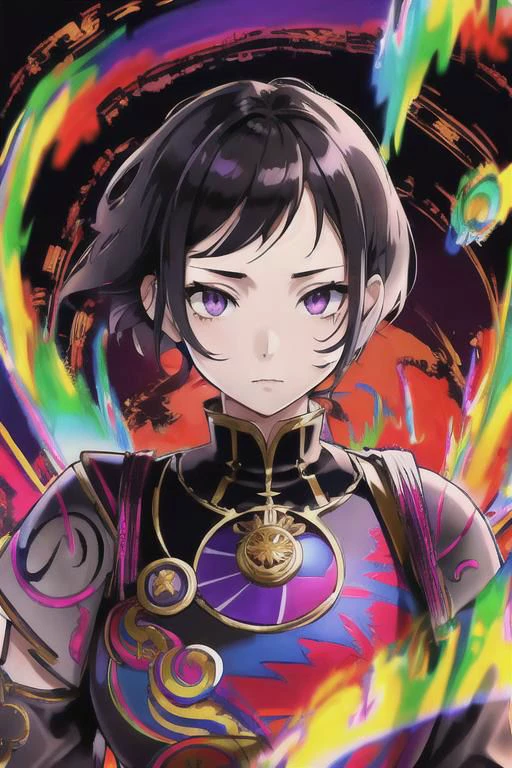 (Masterpiece:1.2), ((intricate details)), cover art, chaos, upper body, 1girl, japanese girl, short hair, black hair, bangs, hair on forehead, high quality, (red, blue, yellow, purple, green ink), ((front view)), face dripping, clothes dripping, ink dripping, (addnet weight 1:1.0), (double exposure), ink scenery
