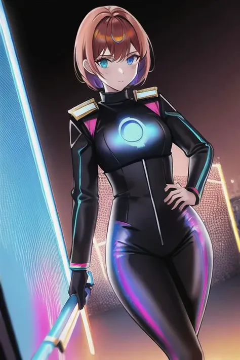 1girl, solo, masterpiece, best quality, red police uniform, black leggings, copper short hair, glow iridescent eyes, she is standing near next to a iridescent divine door gate, concrete wall in Dark alley with neon lights