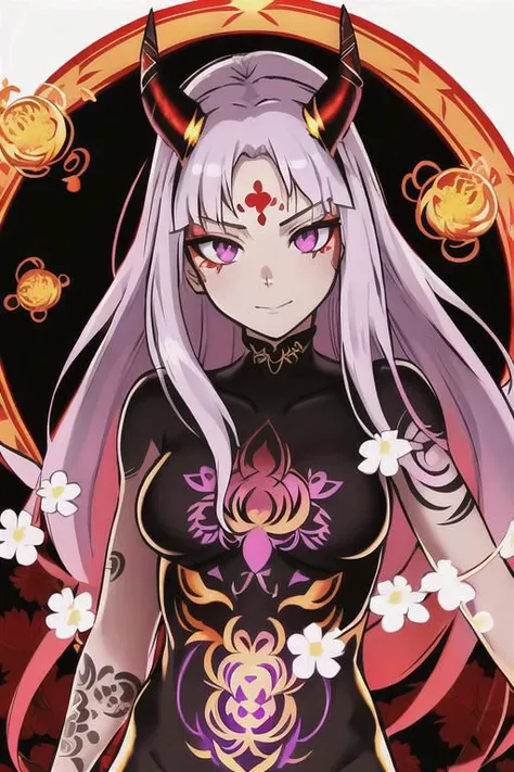 high quality. masterpiece, 8k, (tiny white flower meadow, tiny glass white flowers), upper body, face focus, 1girl, arrogant, mei, horns, long hair, (purple eyes:1.1), purple Amethyst hair, evil smile, golden red copper sliver tattoo black leggings, Amethyst laced glow tattoo black bodystockings, lace fractal red and golden glow enhanced skeleton Amethyst black tattoo bodysuit, red flower tattoo, long glow hair, glow golden earrings, red eyes, white face, tattoo mark mask tattoo, she is standing, sunlit, weak lights and shadow, (tiny white flower meadow, tiny glass white flowers), face focus, black background