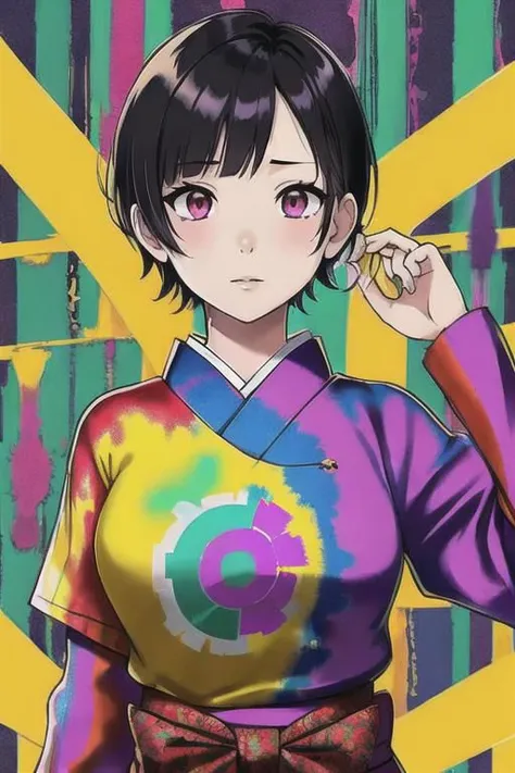 a close up of a person wearing a colorful shirt and tie dye