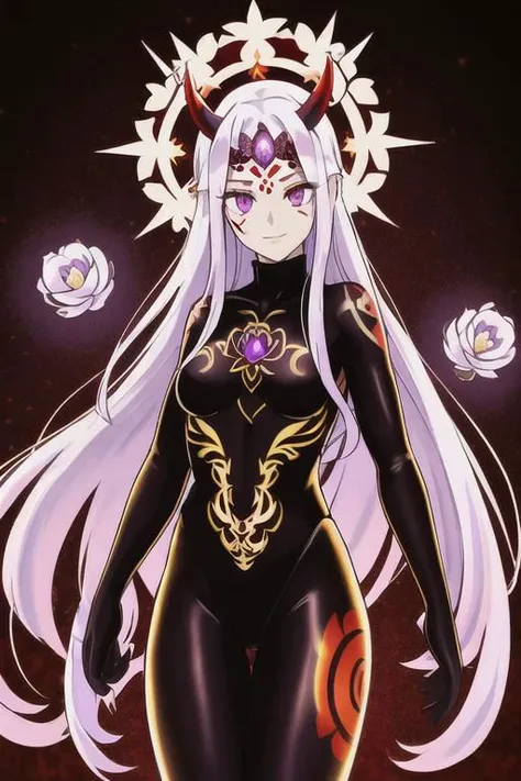 high quality. masterpiece, 8k, tiny white flower meadow, tiny glass white flowers, upper body, face focus, 1girl, arrogant, mei, horns, long hair, (purple eyes:1.1), purple Amethyst hair, evil smile, golden red copper sliver tattoo black leggings, Amethyst laced glow tattoo black bodystockings, lace fractal red and golden glow enhanced skeleton Amethyst black tattoo bodysuit, red flower tattoo, long glow hair, glow golden earrings, red eyes, white face, tattoo mark mask tattoo, she is standing, sunlit, weak lights and shadow, tiny white flower meadow, tiny glass white flowers, face focus, black background