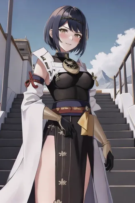 <lora:kujousara10_0.95dim32:1>, kujousaradef, upper body, smile, blush, outdoors, day, simple background, blue sky, short hair, sky, temple, looking at viewer, stairs, mountain, moody lighting, facing viewer,