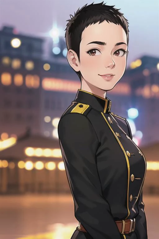 spiky bald hairstyle, short hair, mexican skin, gloves, uniform military, 1girl ,dark black hair, ((hair cut super short,)), soft Brown eyes, smile lips,