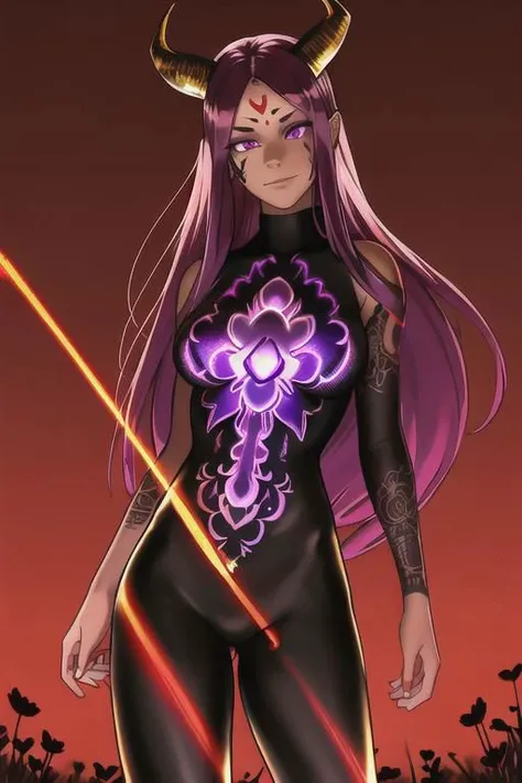 high quality. masterpiece, 8k, (Profoundly (black dark) whiteish meadow), glass flowers, Stains, space grunge style, upper body, face focus, 1girl, arrogant, mei, horns, long hair, (purple eyes:1.1), purple Amethyst hair, evil smile, golden red copper sliver tattoo black leggings, Amethyst laced glow tattoo black bodystockings, lace fractal red and golden glow enhanced skeleton Amethyst black tattoo bodysuit, red flower tattoo, long glow hair, glow golden earrings, red eyes, white face, tattoo mark mask tattoo, she is standing, sunlit, weak lights and shadow, (Profoundly (black dark) whiteish meadow), glass flowers, Stains, space grunge style, face focus,