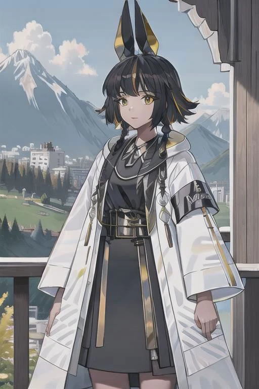 masterpiece, best quality, 1girl,white coat,black dress, forest,