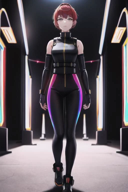 1girl, solo, masterpiece, best quality, red police uniform, black leggings, copper short hair, glow iridescent eyes, she is standing near next to a iridescent divine door gate, concrete wall in Dark alley with neon lights