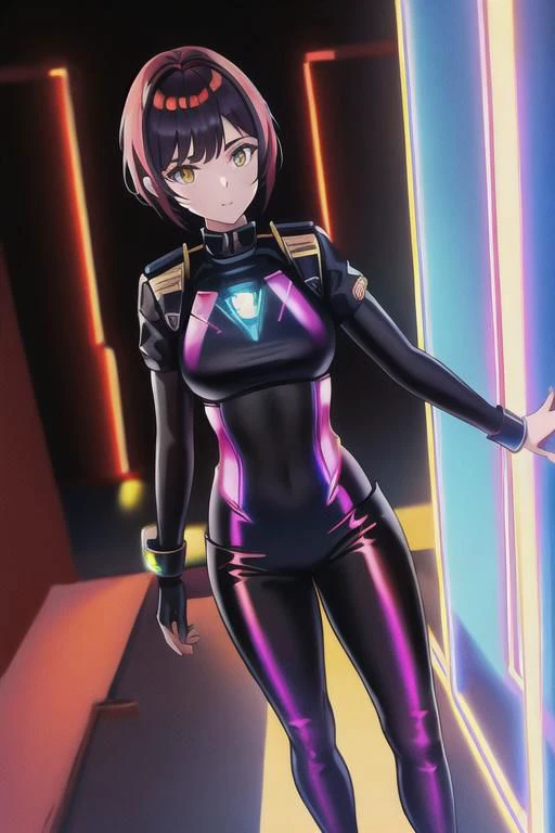 1girl, solo, masterpiece, best quality, red police uniform, black leggings, copper short hair, glow iridescent eyes, she is standing near next to a iridescent divine door gate, concrete wall in Dark alley with neon lights