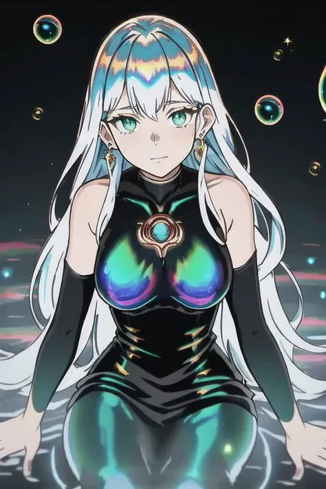 underwater, sunlit, weak lights and shadows, (copper) and (dark blue) and dark green, anime game, copper, gold, red (iridescent bubbles), black yellow crystal, sliver (chromatic bubbles), close up, 1girl, red glow eyes, white face, red leggings, copper, beautiful face, white long hair, red dress, soaps gold, copper tie, earrings, copper, glow radiance collard, golden-sliver, red dress, long dress, black pleated skirt, sliver shiny ground, transcend sliver, close up, face focus, 1girl, beautiful face, white face, white hair, red earrings, she is wearing see-through coat, - underwater, ((iridescent bubbles)), - sunlit, weak lights and shadows, blue-green, underwater, (copper) and (dark blue) and dark green, copper, green, blue underwater,