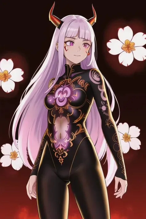 high quality. masterpiece, 8k, tiny white flower meadow, tiny glass white flowers, upper body, face focus, 1girl, arrogant, mei, horns, long hair, (purple eyes:1.1), purple Amethyst hair, evil smile, golden red copper sliver tattoo black leggings, Amethyst laced glow tattoo black bodystockings, lace fractal red and golden glow enhanced skeleton Amethyst black tattoo bodysuit, red flower tattoo, long glow hair, glow golden earrings, red eyes, white face, tattoo mark mask tattoo, she is standing, sunlit, weak lights and shadow, tiny white flower meadow, tiny glass white flowers, face focus, black background