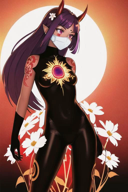 high quality. masterpiece, 8k, (tiny white flower meadow, tiny glass white flowers), upper body, face focus, 1girl, arrogant, mei, horns, long hair, (purple eyes:1.1), purple Amethyst hair, evil smile, golden red copper sliver tattoo black leggings, Amethyst laced glow tattoo black bodystockings, lace fractal red and golden glow enhanced skeleton Amethyst black tattoo bodysuit, red flower tattoo, long glow hair, glow golden earrings, red eyes, white face, tattoo mark mask tattoo, she is standing, sunlit, weak lights and shadow, (tiny white flower meadow, tiny glass white flowers), face focus, black background