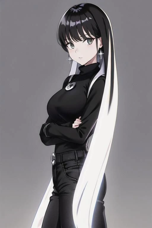 short black overall, white turtleneck, black kneehigh high heeled boots, black jean, strawberry black straight long hair, black earrings, black straight long hair, 1girl, solo, standing at market place, from side, sunny day, masterpiece, high quality face, high quality girl,