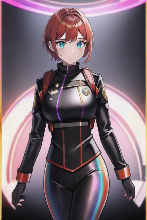 1girl, solo, masterpiece, best quality, red police uniform, black leggings, copper short hair, glow iridescent eyes, she is standing near next to a iridescent divine door gate, concrete wall in Dark alley with neon lights