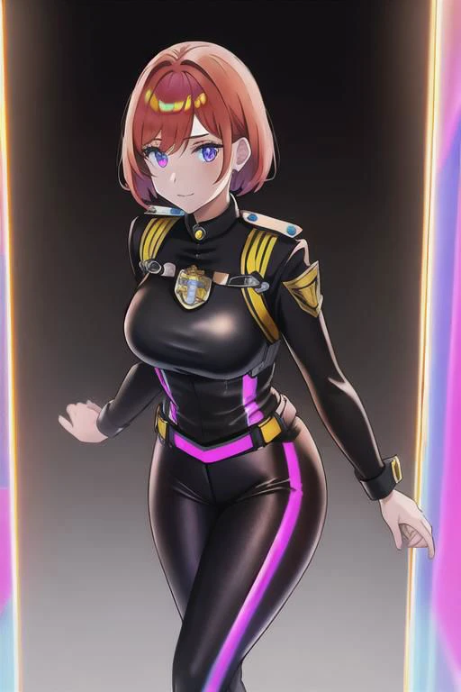 1girl, solo, masterpiece, best quality, red police uniform, black leggings, copper short hair, glow iridescent eyes, she is standing near next to a iridescent divine door gate, concrete wall in Dark alley with neon lights